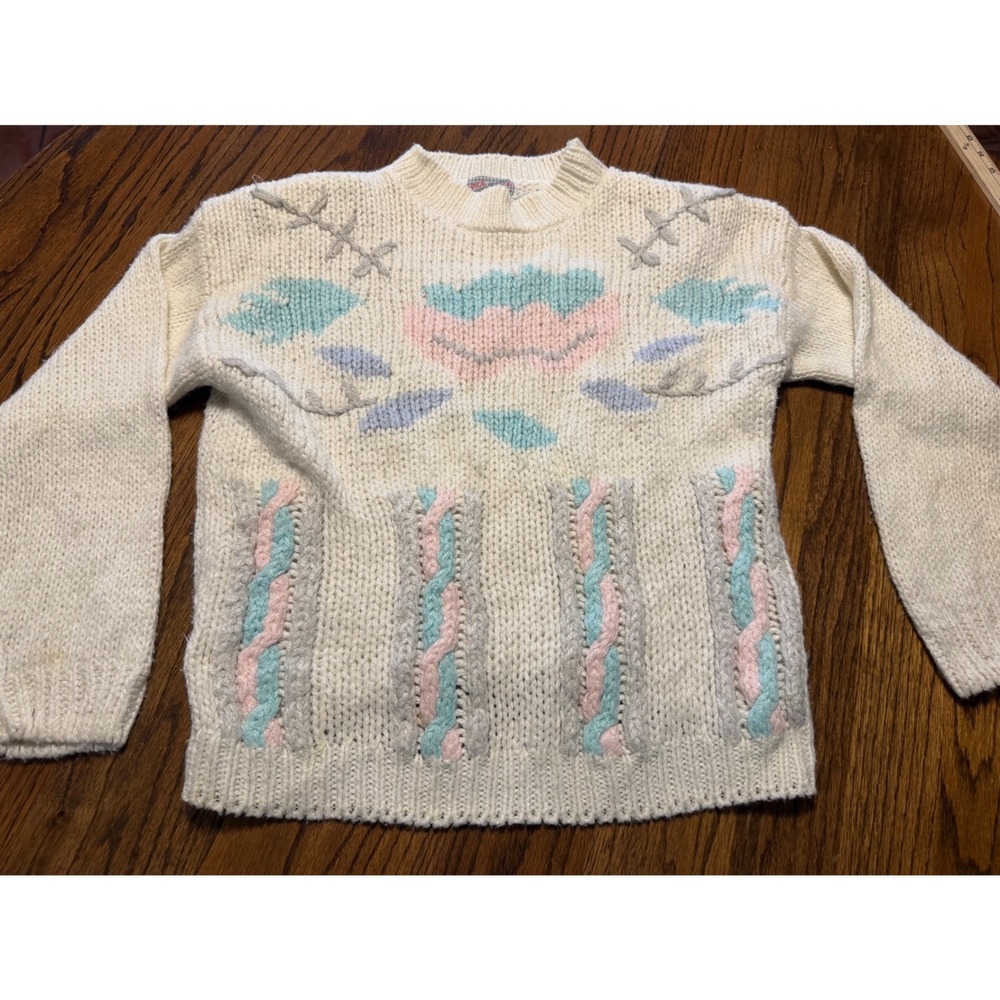 Vintage Spice of Life Pastel Floral Cable‎ Knit Sweater Cream Pink Blue Womens